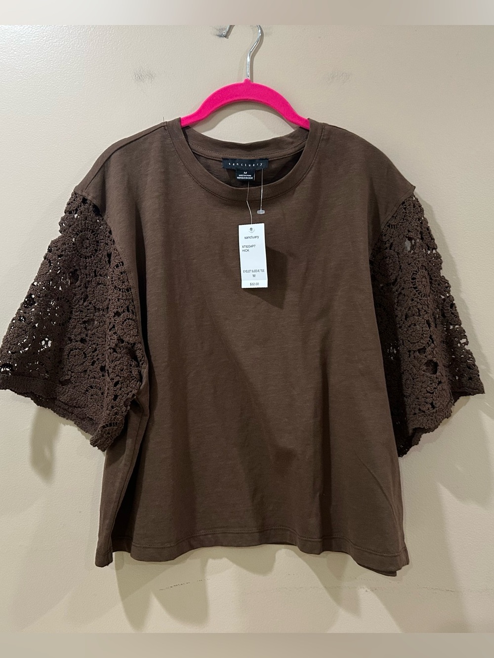 NWT Sanctuary Women's M Crochet Lace Sleeve T-Shirt Knit Top Brown Boho Beach